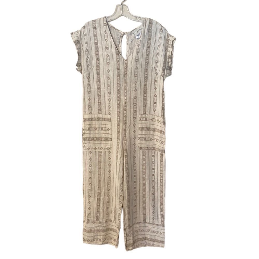 Trave Striped Short Sleeve Boho Off-Whitelinenjumpsuit